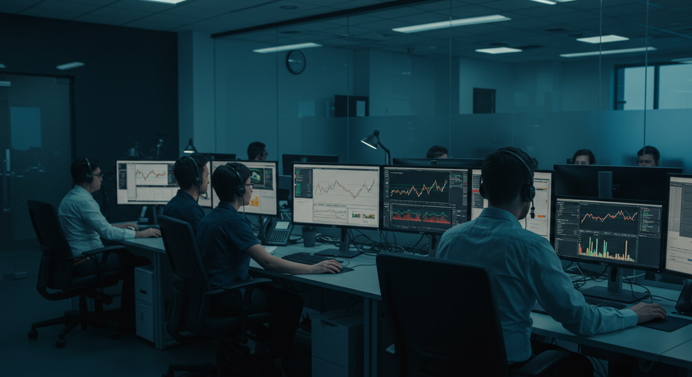 Professional support desk with agents and real-time service dashboards