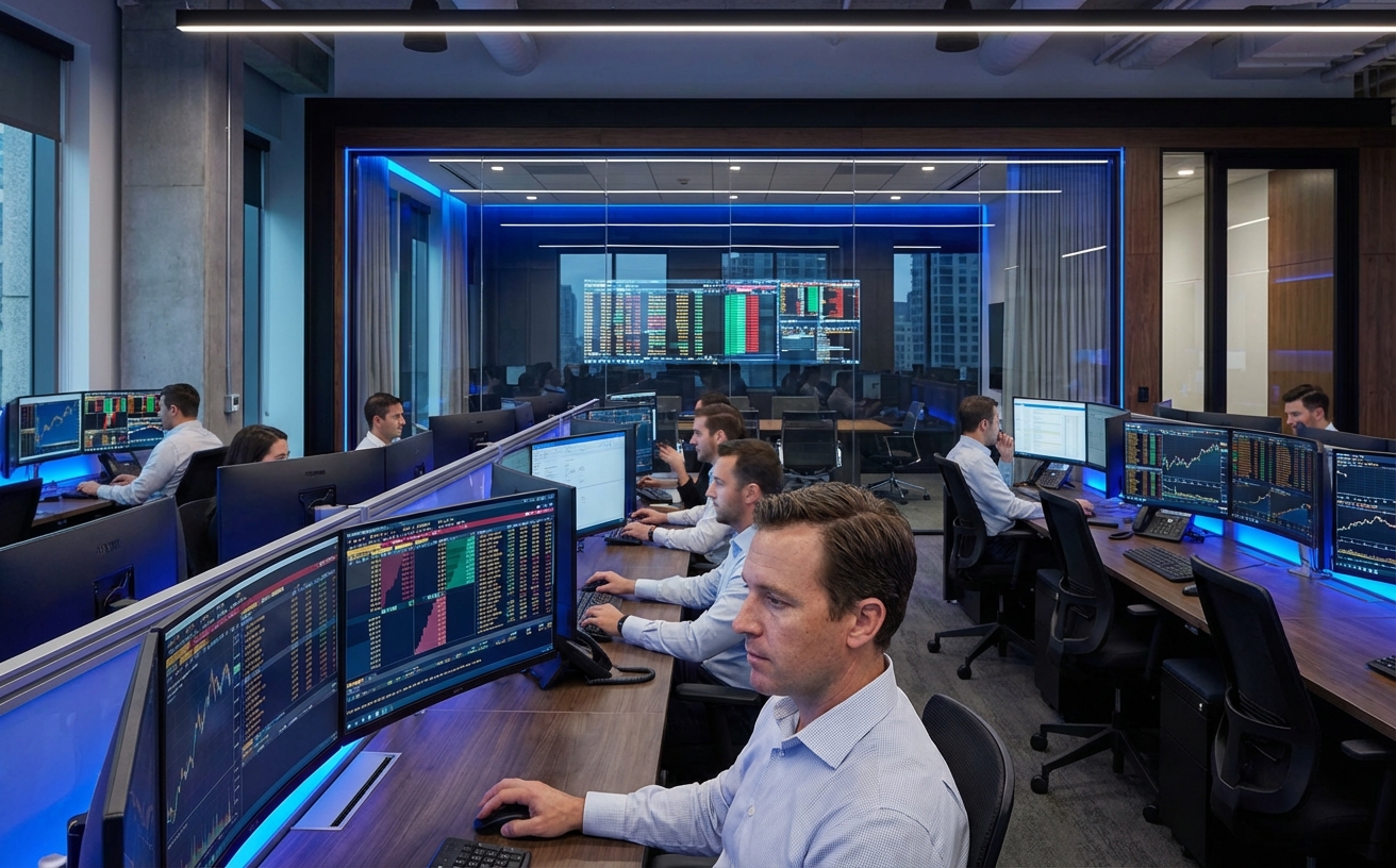 Institutional ECN trading floor with market data screens