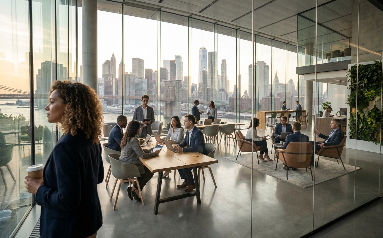 Modern fintech company headquarters overlooking financial district